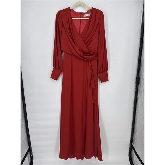 MAC DUGGAL Size 2 Orange SATIN RUCHED BISHOP SLEEVE Cocktail GOWN Dress New $398 - Picture 4 of 10